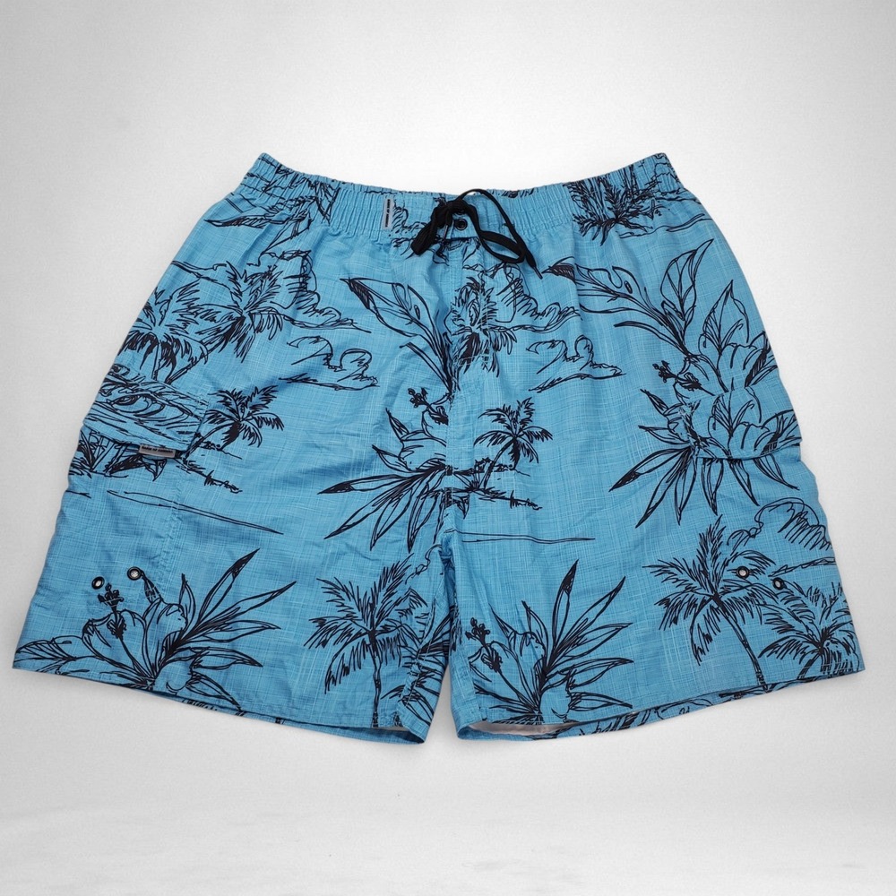 Basix of America Cargo Swim Trunks Mens 3XL Blue Mesh Lined Tropical Palm Tree